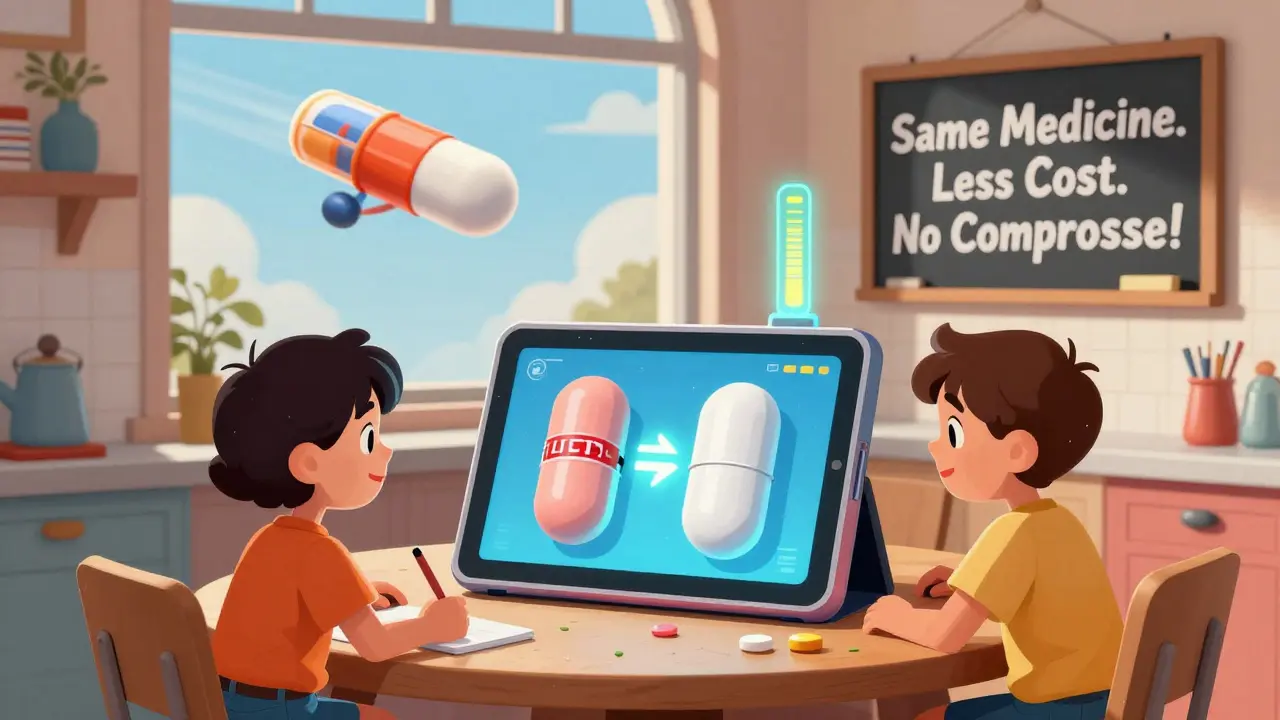 Family viewing a split pill model with rising savings meter on a futuristic tablet.