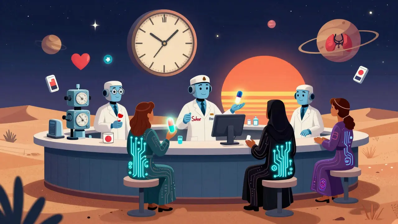 Floating pharmacy in the desert sky with robotic pharmacists handing out glowing capsules labeled for Suhoor and Iftar.