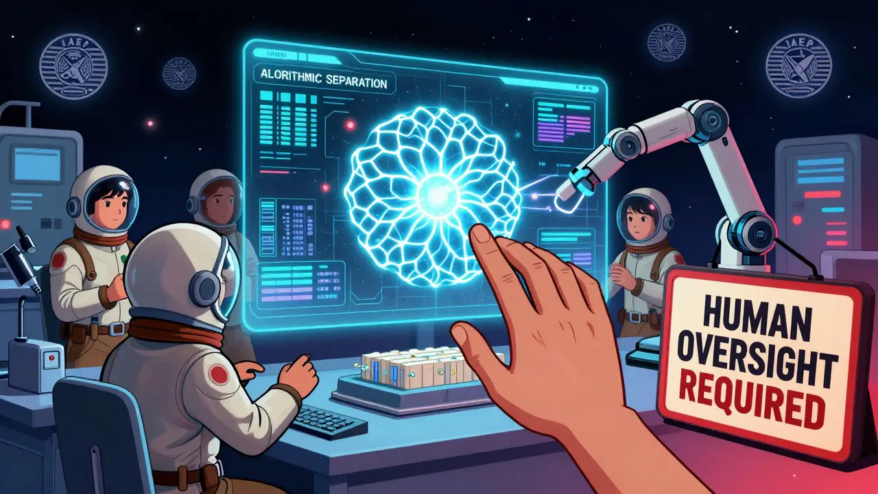 Human inspectors override an AI system trying to release a batch, with glowing data streams and regulatory emblems floating in a futuristic lab.