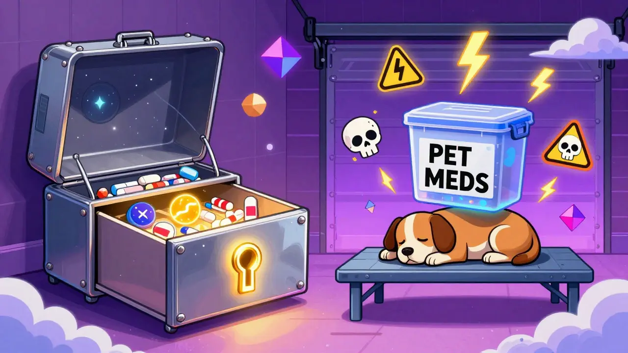 Human meds in a glowing toolbox drawer and pet meds in a floating bin, separated in a surreal bedroom and garage scene.