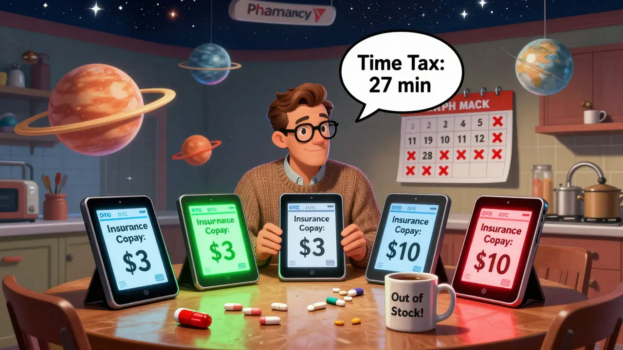 Man at kitchen table comparing pharmacy prices on glowing tablets with giant pills around him.