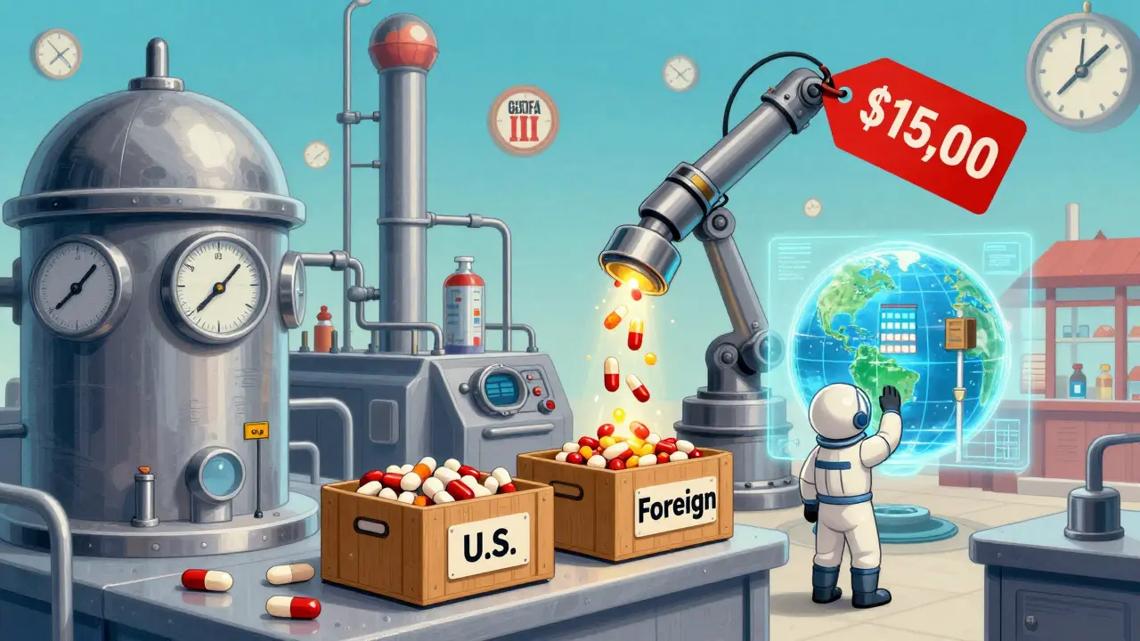 Mechanical factory sorting pills for U.S. and foreign markets, with a floating ,000 fee tag.