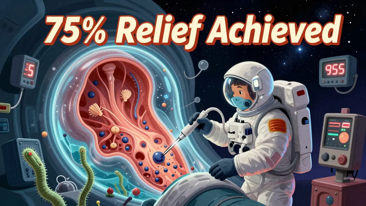 Miniature surgeon clearing sinus polyps with laser in a cosmic nasal tunnel, retro-futuristic style