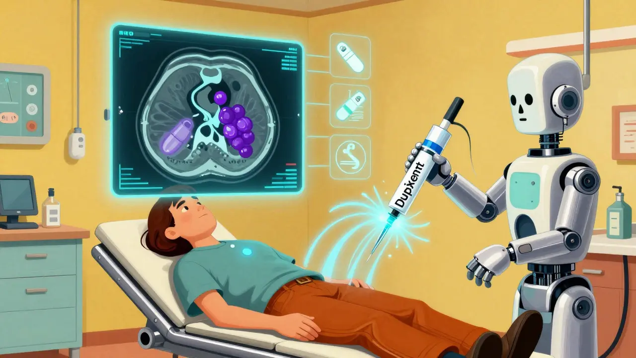 Patient receiving biologic injection with holographic nasal scans in a sleek retro-futuristic clinic