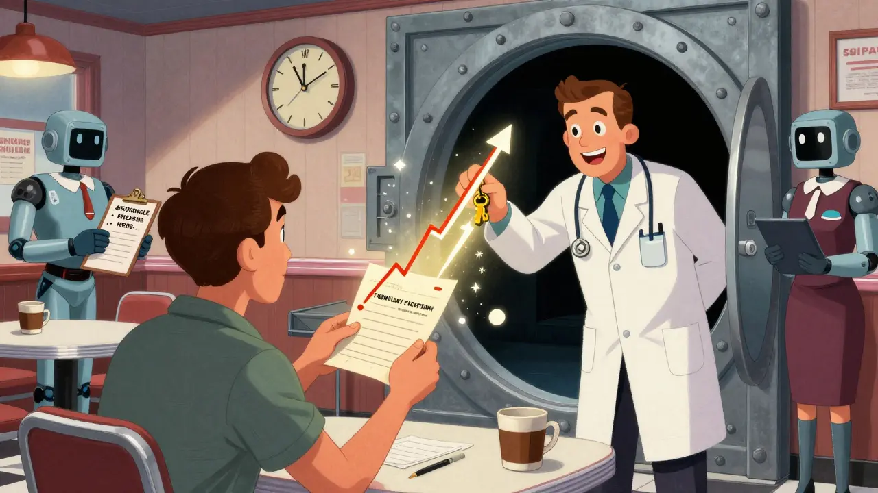 Patient unlocking affordable meds with a key as a cost graph rises behind them.