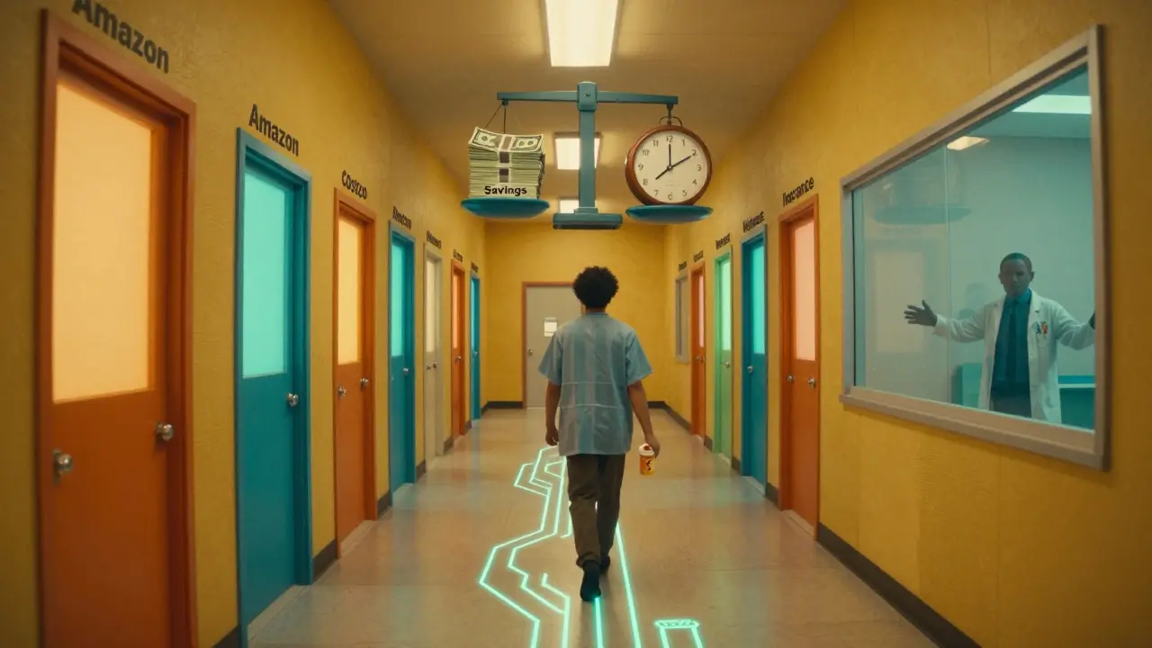 Patient walking down hallway of pharmacy doors, one pill bottle in hand, under a tipping scale.