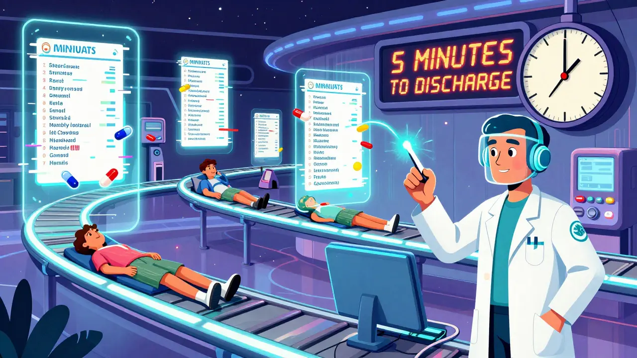 Patients move between care settings on glowing belts while medication lists glitch and mismatch.