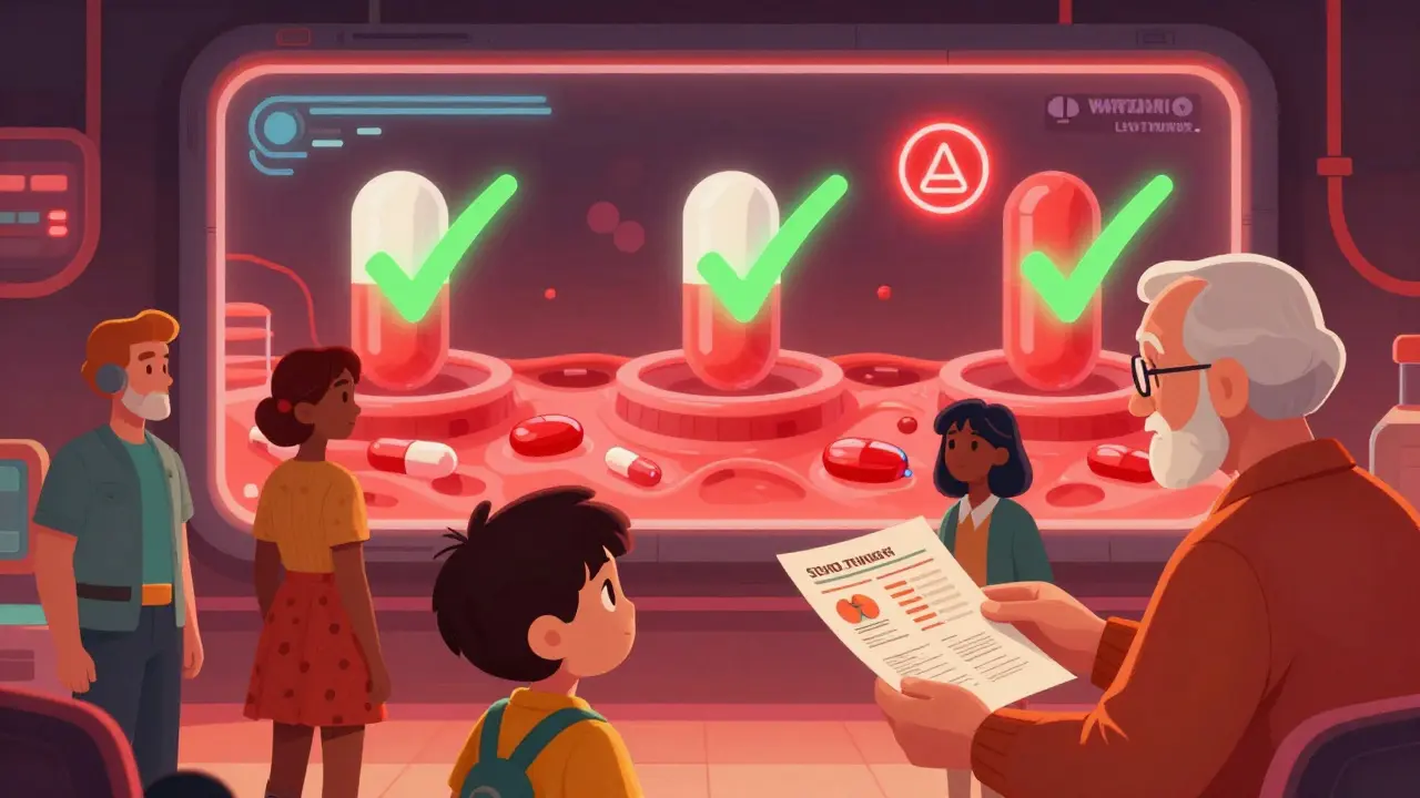 Patients watch 3D pills dissolve on a screen, with a warning symbol near special medications, under warm neon lighting in a retro-futuristic clinic.