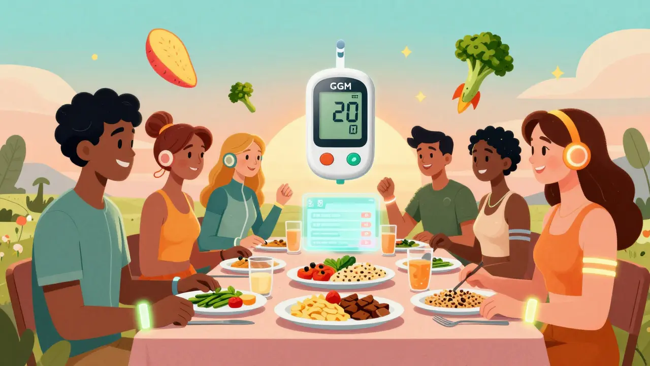 People eating a healthy meal with holographic glucose monitors and floating nutritious food icons.