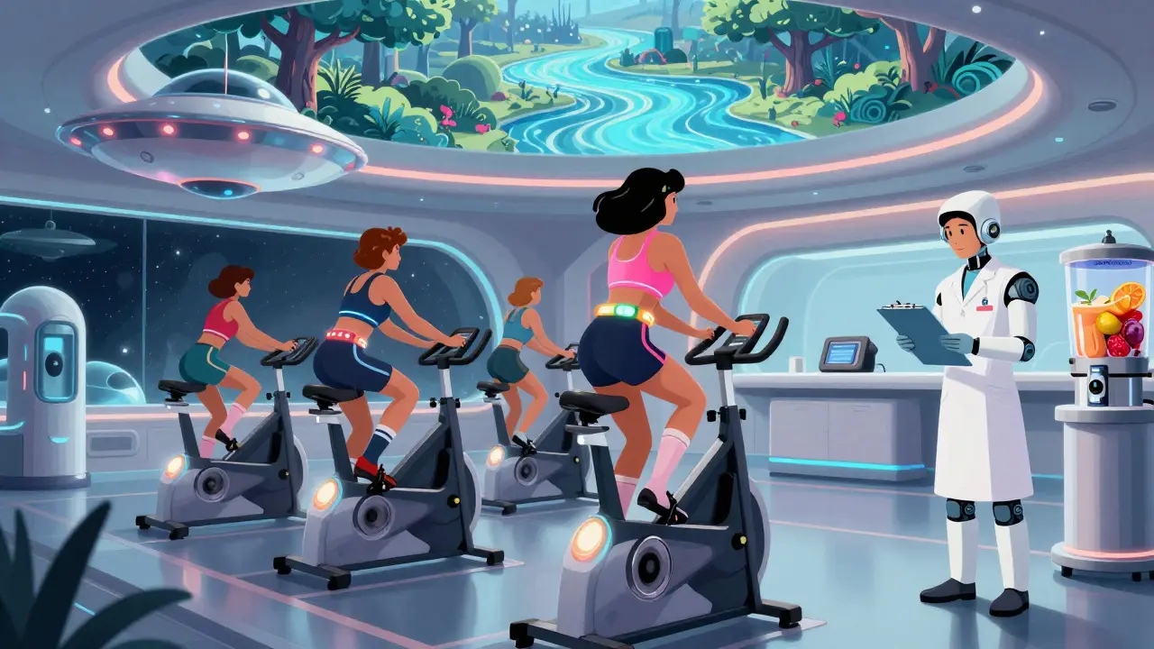 People exercising on space-age bikes in a futuristic rehab center with a robot nurse.