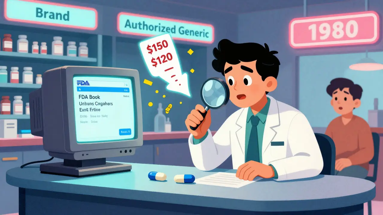 Pharmacist comparing pills with FDA Orange Book displayed on a retro screen.