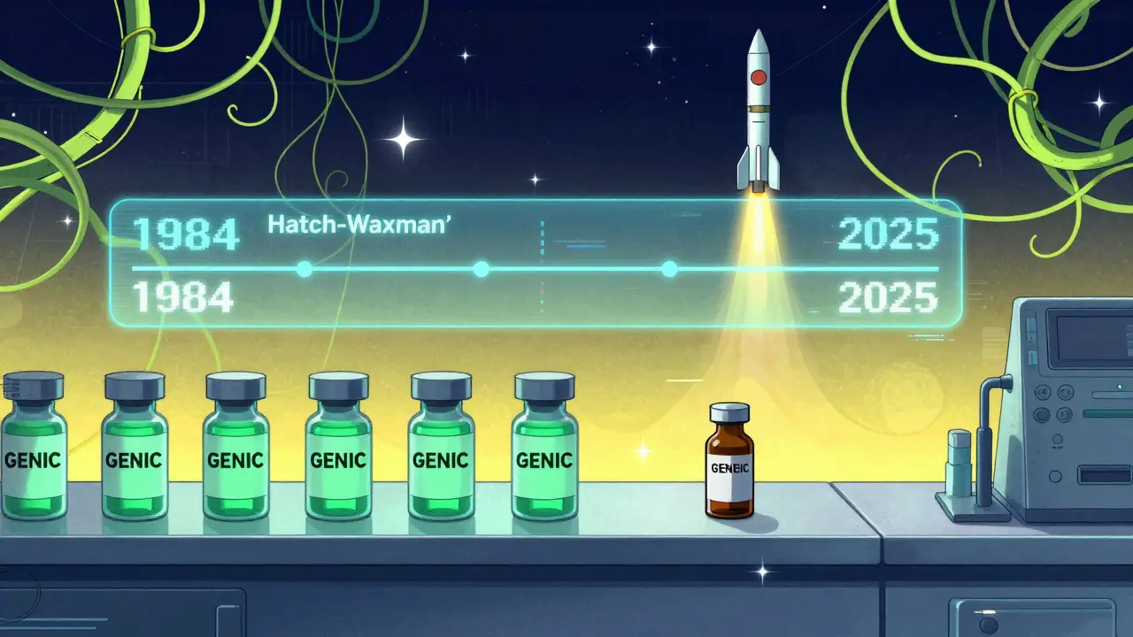 Pharmacy counter with nine generic vials glowing beside one brand vial, holographic timeline of drug access evolution above.