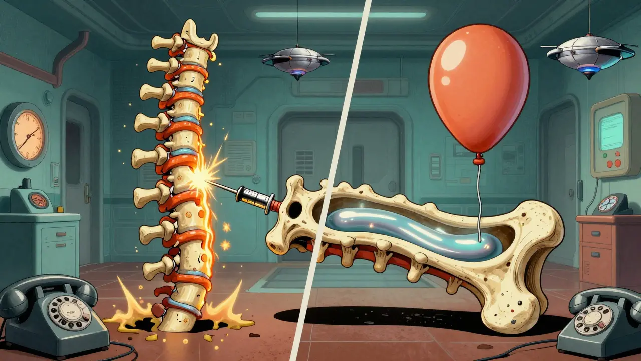 Side-by-side retro-futuristic illustrations showing cement injection vs. balloon-assisted spine repair with glowing leaks and smooth flow.