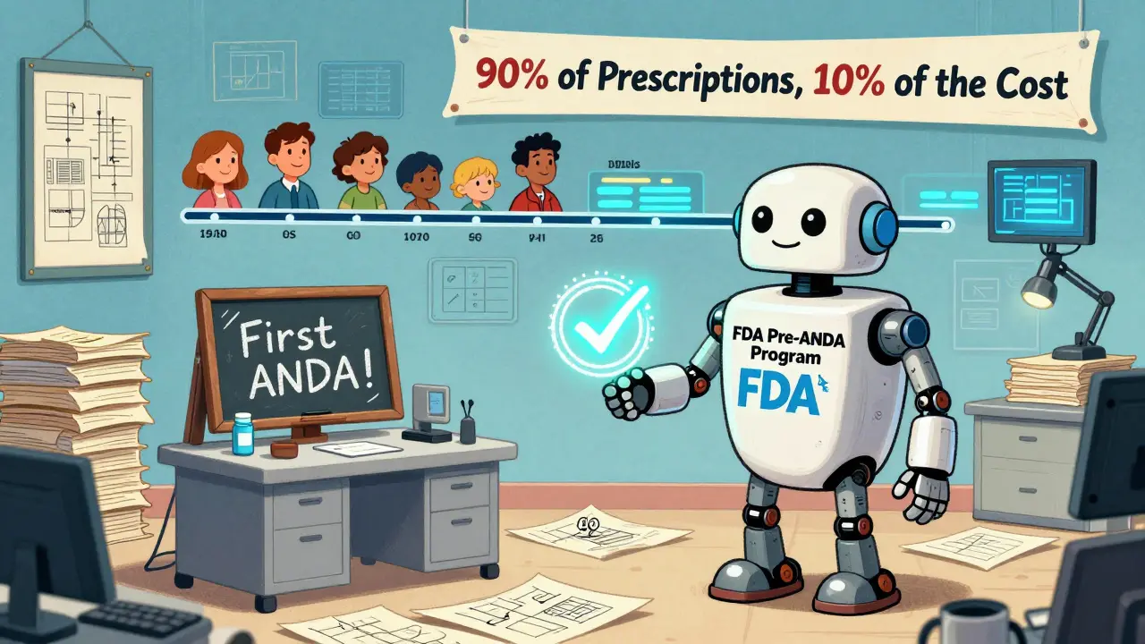 Small startup lab being helped by a friendly FDA robot with a glowing approval stamp.