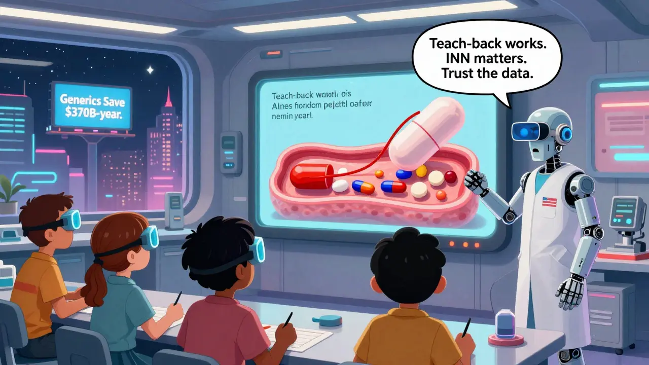 Students in AR goggles watch a generic drug's absorption match the brand in a futuristic classroom.