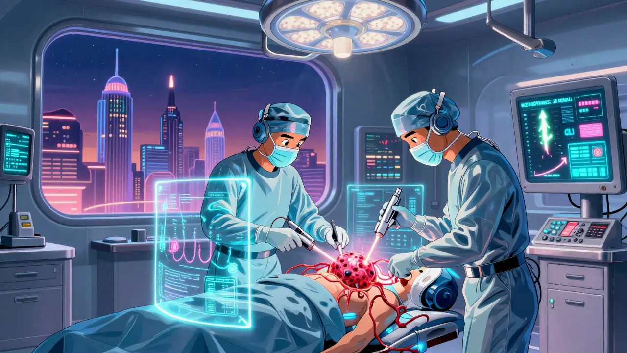 Surgeons removing a pulsating tumor with laser tools in a chrome-plated operating room.