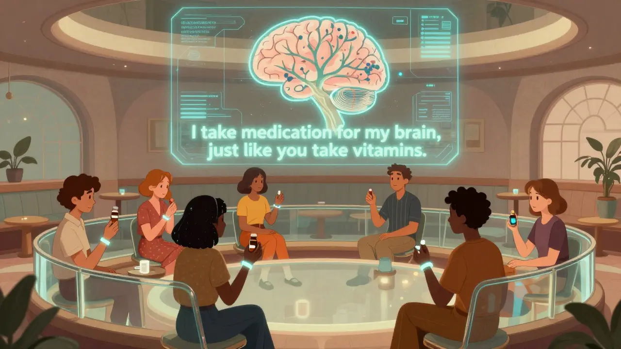 A diverse group in a sunlit lounge, each holding medication, with a brain turning into a tree above them.