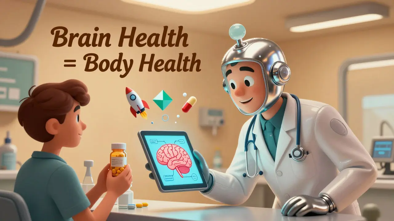 A doctor and patient in a sleek clinic with a brain health visualization and floating medical symbols.