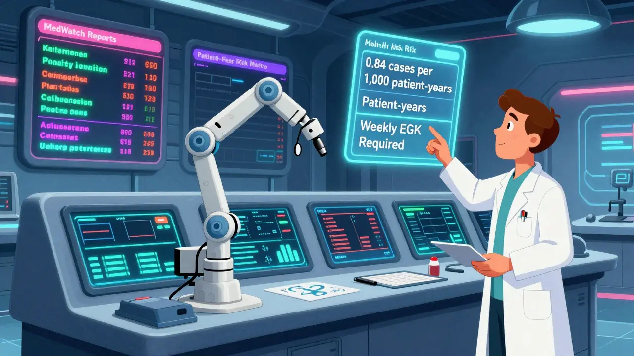 A neon-lit control room displays real-time drug safety data as a robotic arm updates a digital label with precise risk metrics.