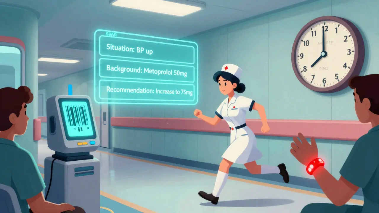 A nurse rushes past a malfunctioning barcode scanner while floating SBAR communication panels guide safe medication handoff.