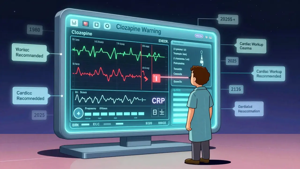 A patient faces a live EHR screen showing dynamic cardiac alerts for clozapine, with historical warning labels fading in the background.