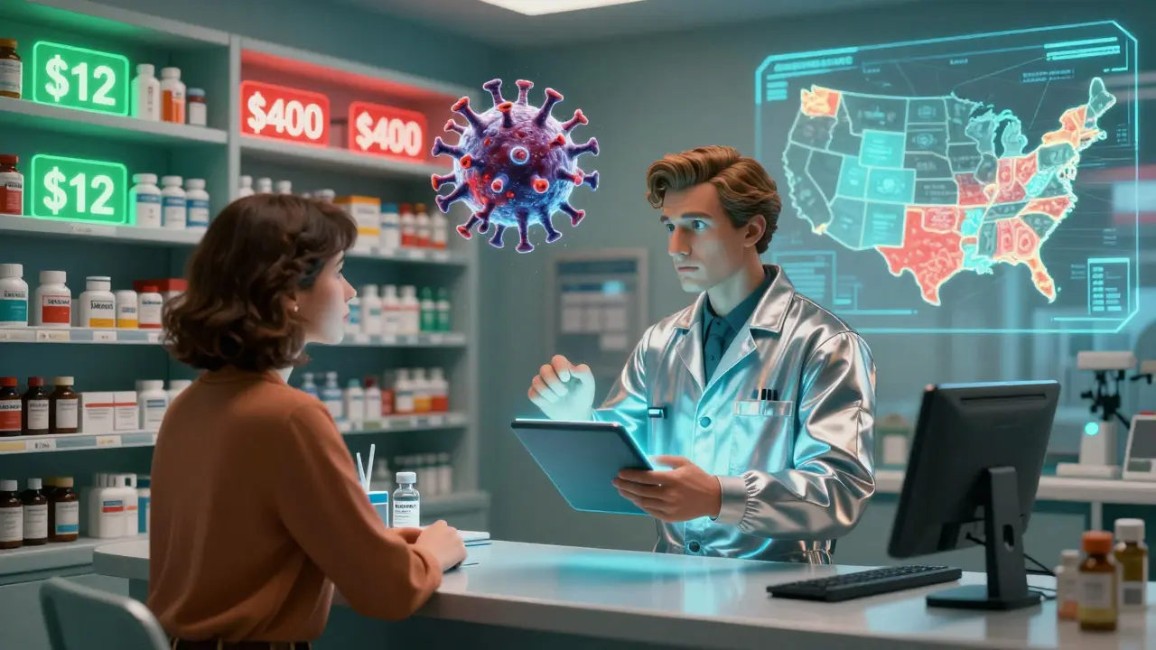 A pharmacist explains a vaccine using a floating 3D diagram while generic drug prices glow beside them in a retro-futuristic setting.