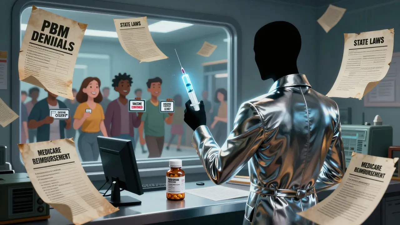 A pharmacist stands against bureaucratic obstacles, holding a vaccine and generic pill, as patients enter confidently under glowing signs.