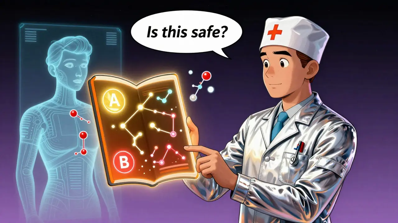 A resident explores a glowing Orange Book interface with therapeutic ratings as constellations.