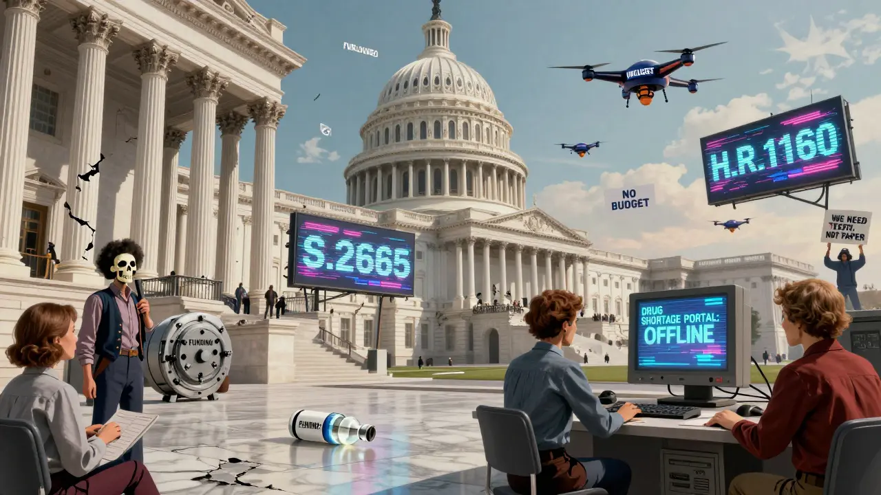 Crumbled Capitol with glitching bill titles and FDA workers staring at a dead monitor in a dystopian retro style.