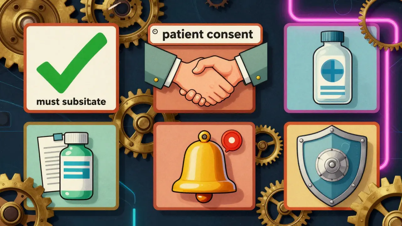 Four pharmacy scenes with symbols for substitution rules, consent, notification, and liability.