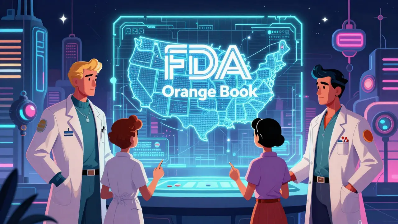Futuristic city with FDA Orange Book hologram connecting states, pharmacists collaborating.