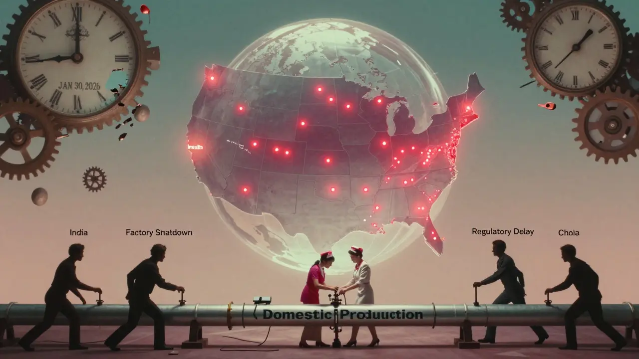 Globe showing 287 drug shortage dots, a nurse repairing a broken supply line under a ticking deadline.