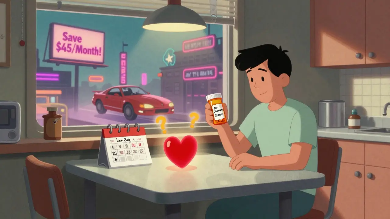 Person holding a pill bottle labeled 'Same Manufacturer' at home, with glowing heart and blood test reminder in retro-futuristic setting.