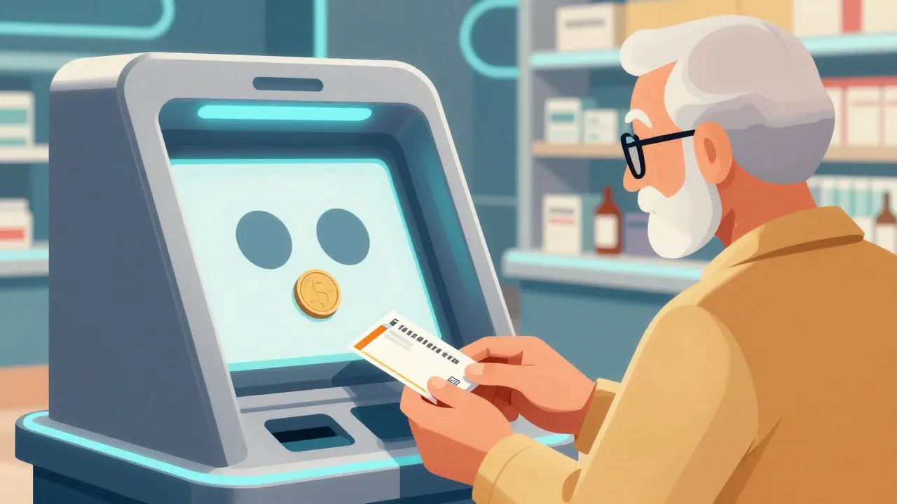 Pharmacist dispensing medication to senior with uniform price symbol