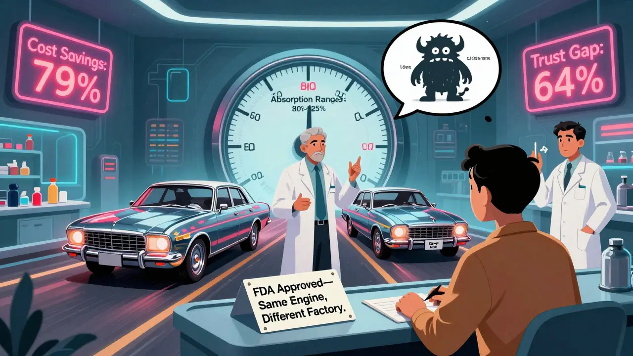 Pharmacist using a giant dial to explain drug equivalence, with two identical cars representing brand and generic versions.
