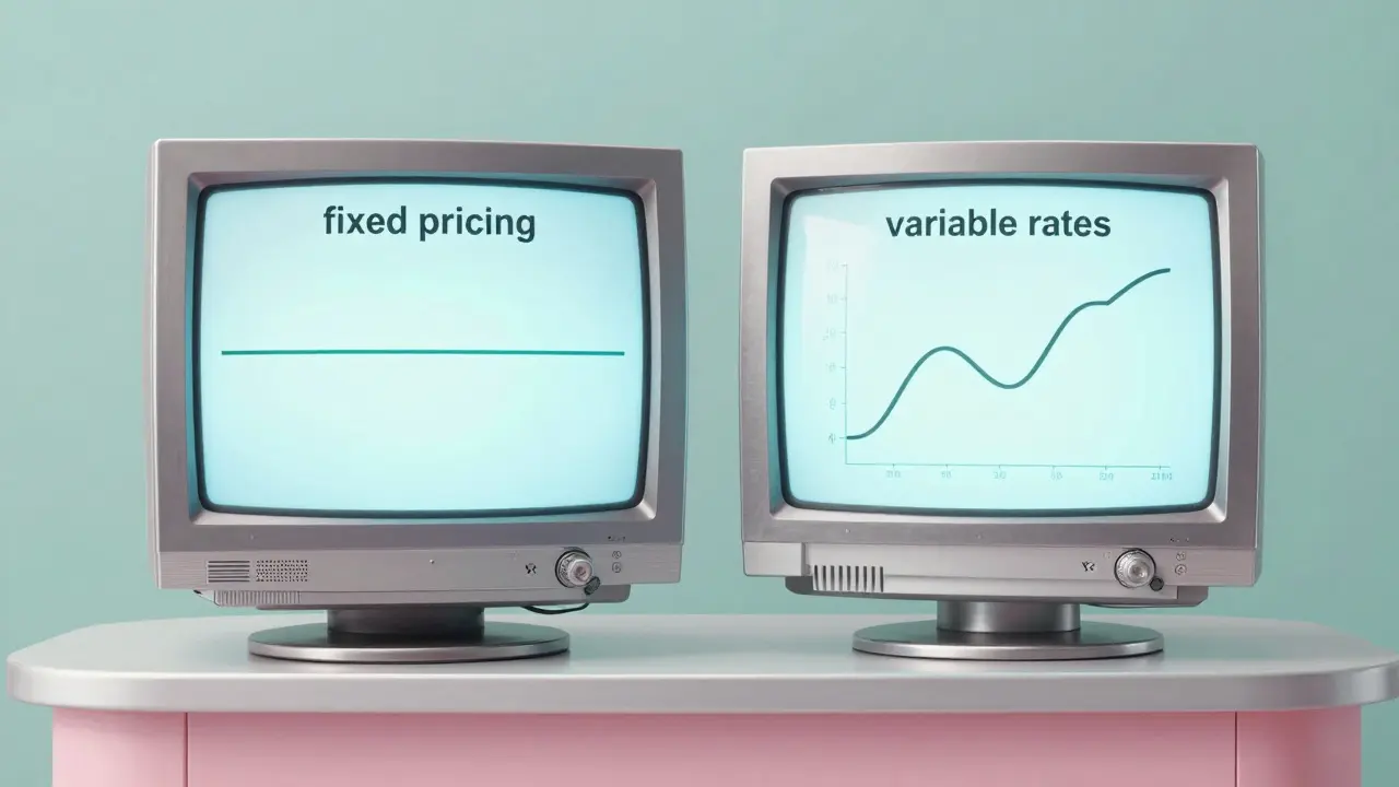 Pharmacy counter split-screen showing fixed and variable pricing models