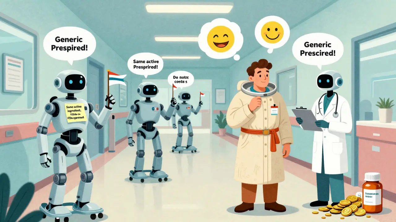 Robotic nurses promote generic prescriptions with sticky notes in a futuristic hospital hallway.