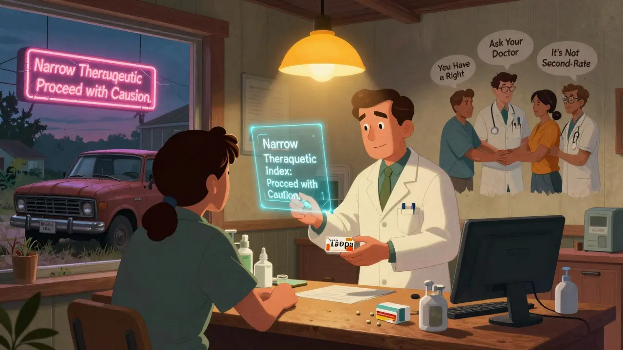 Rural pharmacist handing a patient a thyroid pill as a holographic warning glows, surrounded by messages about patient rights.