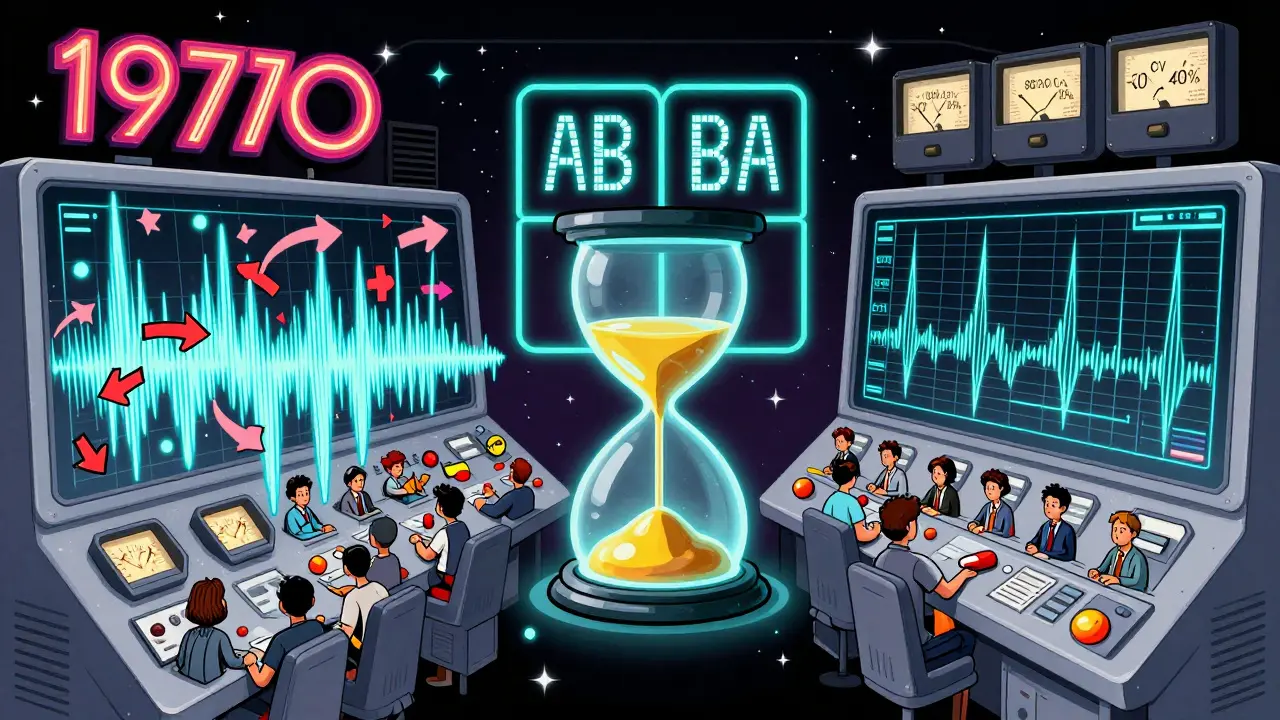 Side-by-side comparison of chaotic parallel trial vs. clean crossover trial with holographic bioequivalence metrics.