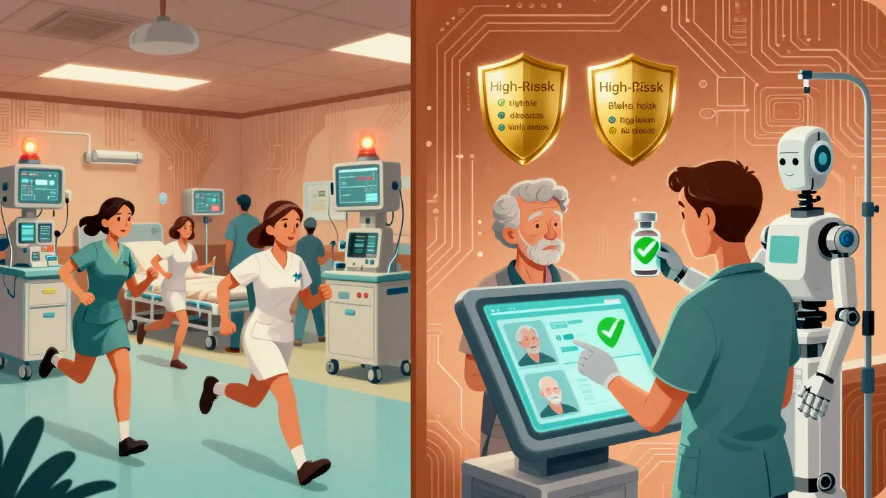 Split scene: chaotic ICU on left, streamlined safety system on right with targeted verification for high-risk patients.