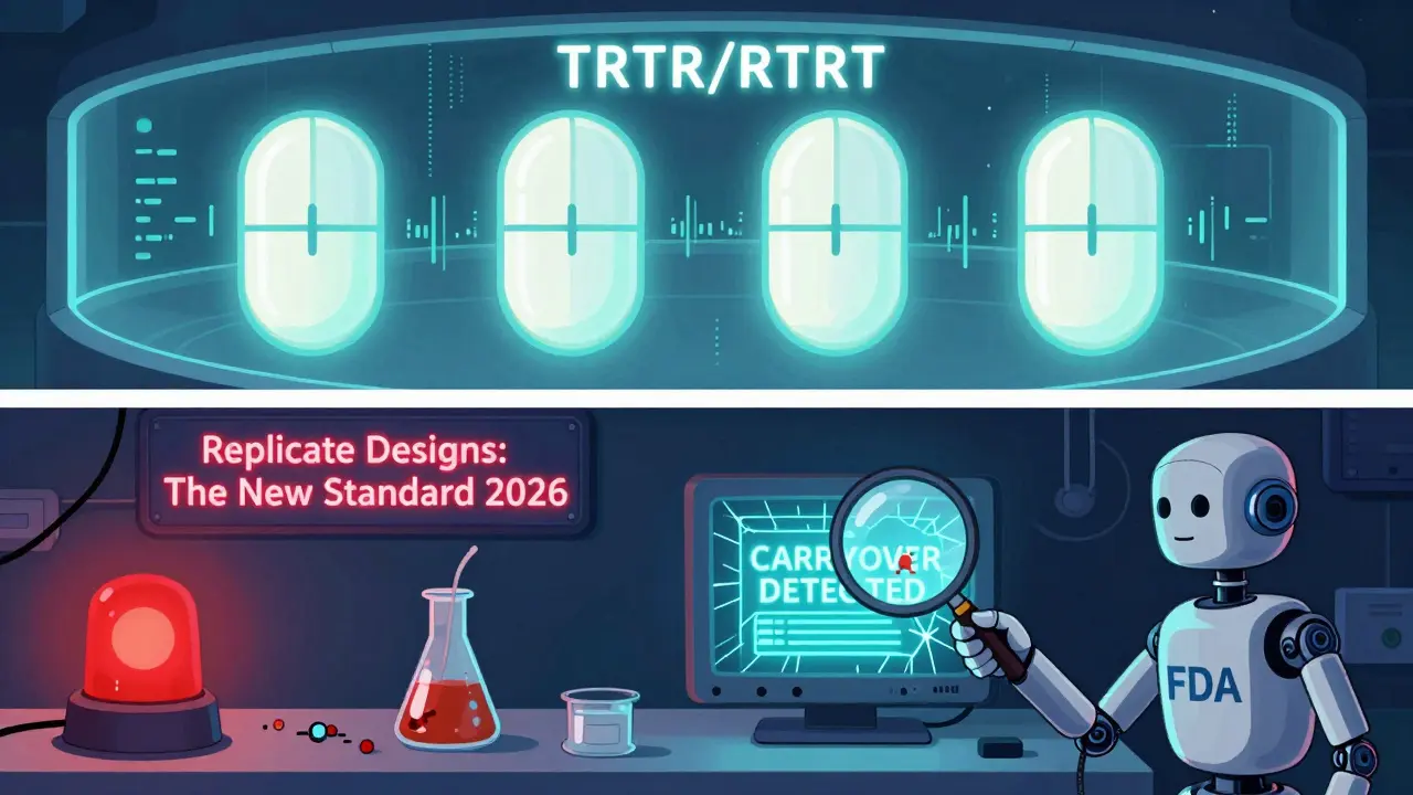 Split scene: serene replicate design above, failed crossover below with warning signs, FDA inspection under neon text.