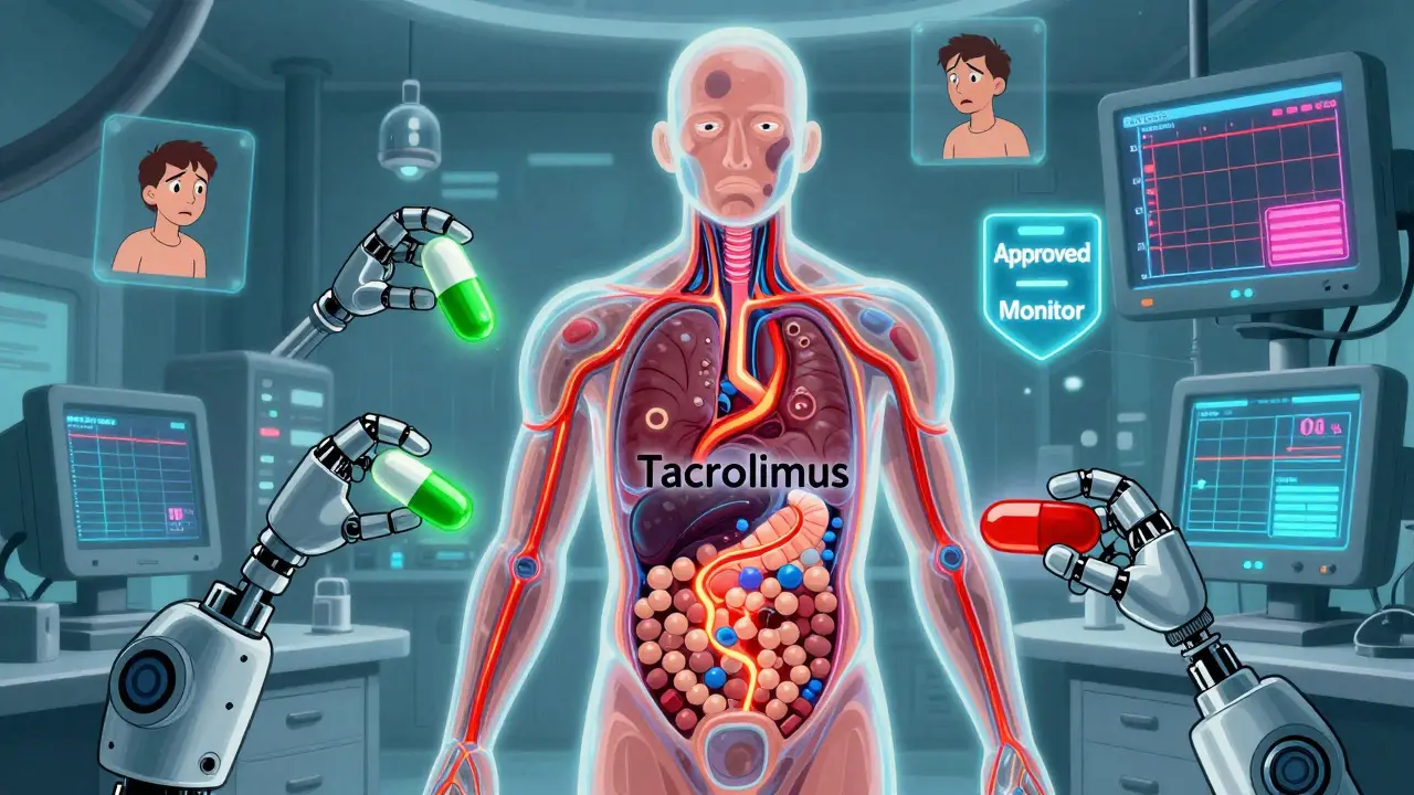 Translucent human torso with fluctuating blood streams from two different generic NTI pills in a futuristic lab.