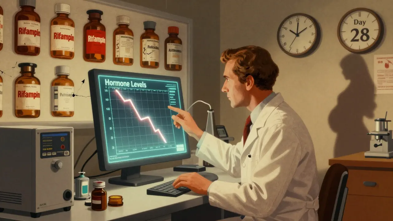 A 1970s-style lab chart shows plummeting hormone levels, with only rifampin highlighted as the cause.