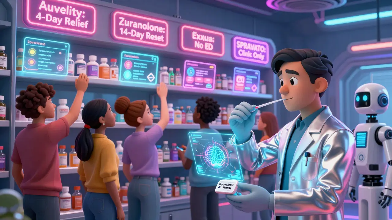 A neon-lit pharmacy shelf with new antidepressants, people reaching for pills with holographic risk overlays, and a doctor holding a genetic swab.