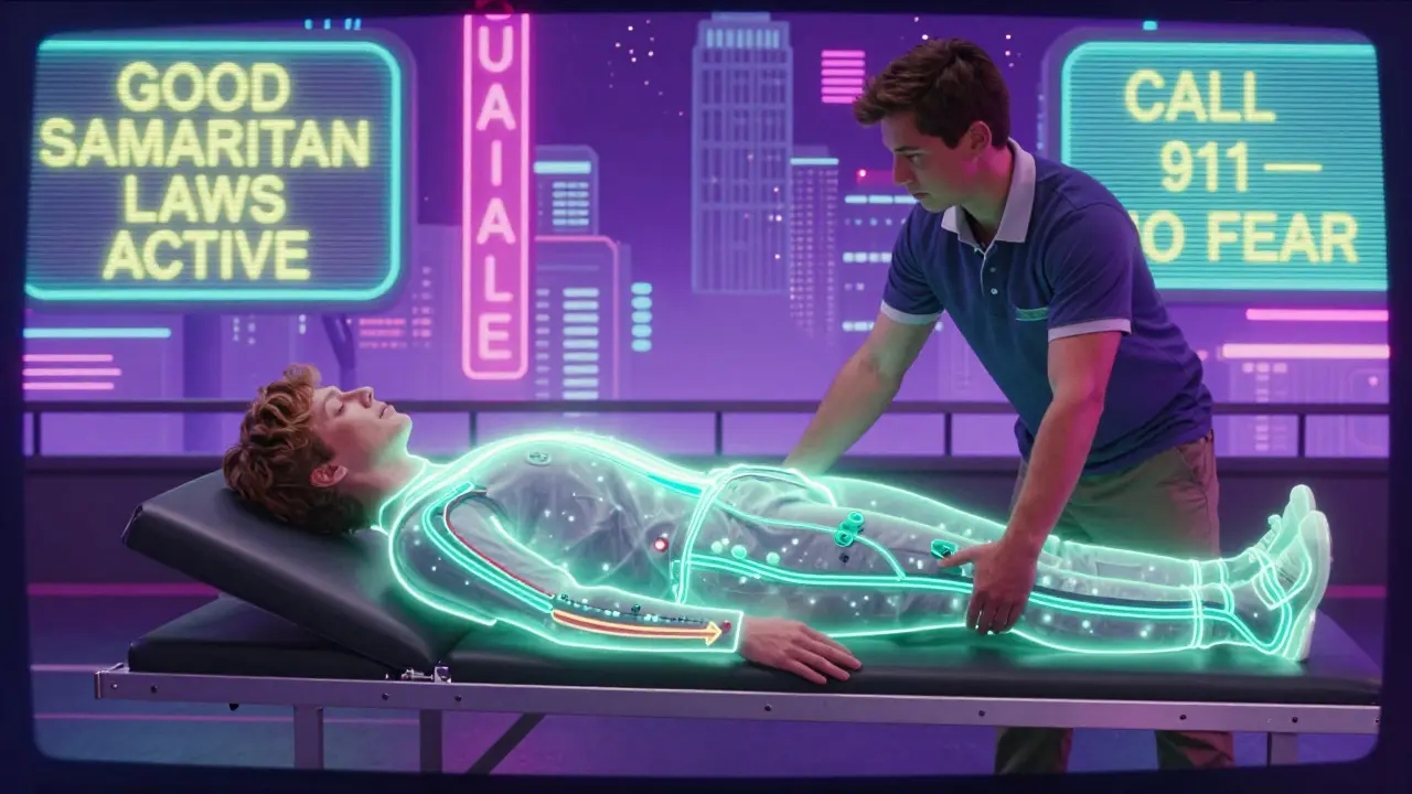 A person rolled into recovery position with glowing airway visualization and neon city signs in background.