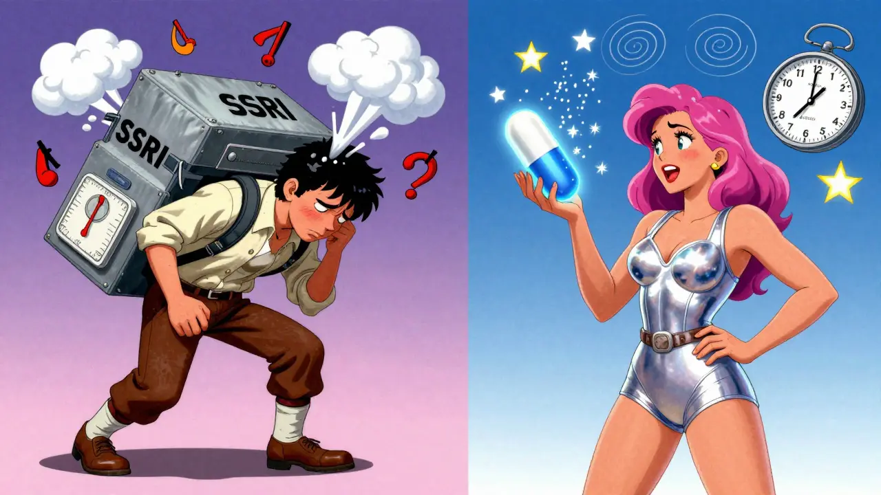A person under a heavy SSRI backpack on one side, and another glowing with stars from a Zuranolone capsule on the other, in retro-futuristic style.