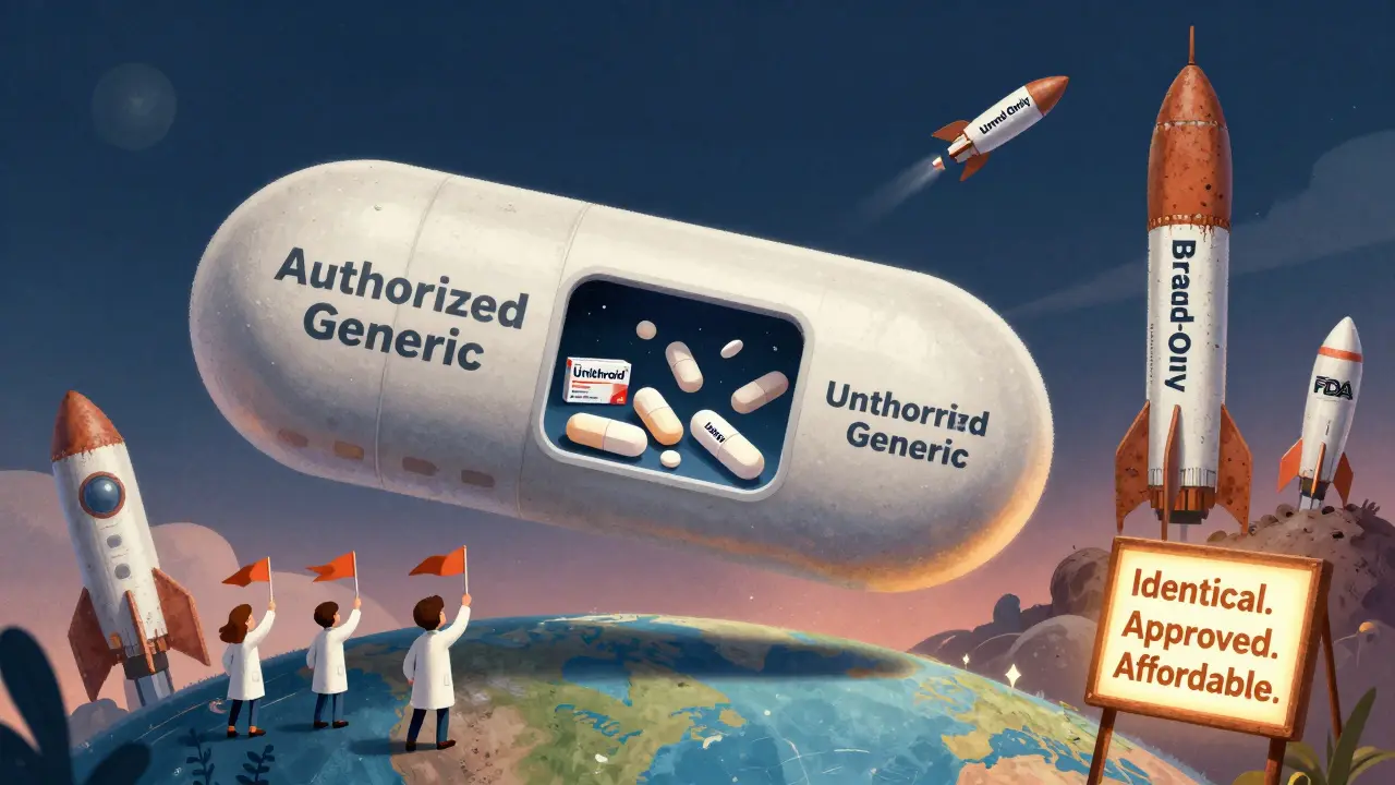 A pill-shaped spaceship landing on a thyroid-themed planet, delivering identical medication while brand rockets rust in the background.