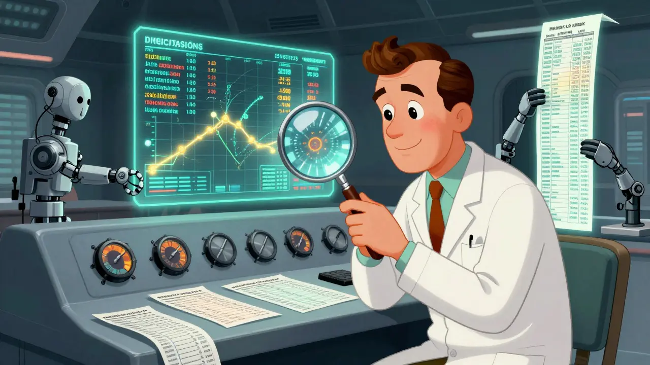 A retro-futuristic control room monitors drug safety data from millions, with scientists analyzing patterns using holograms.