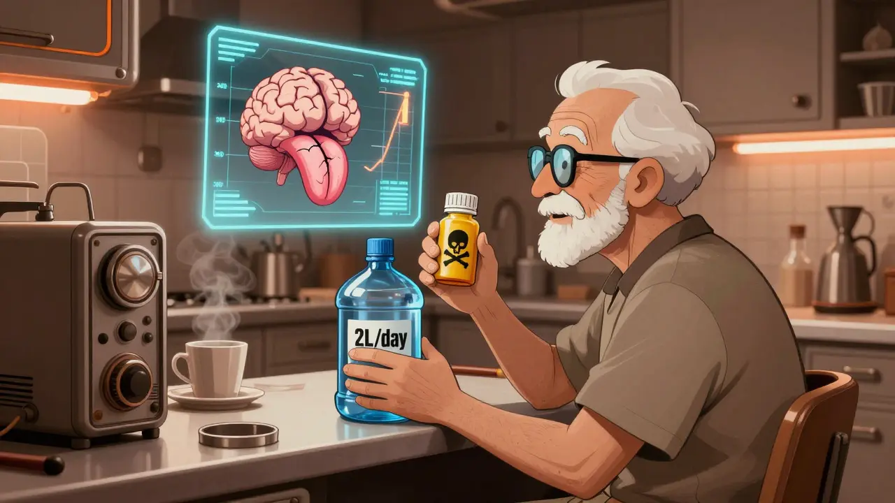 An elderly person drinking water constantly while holding a pill bottle with a skull symbol in a retro kitchen.