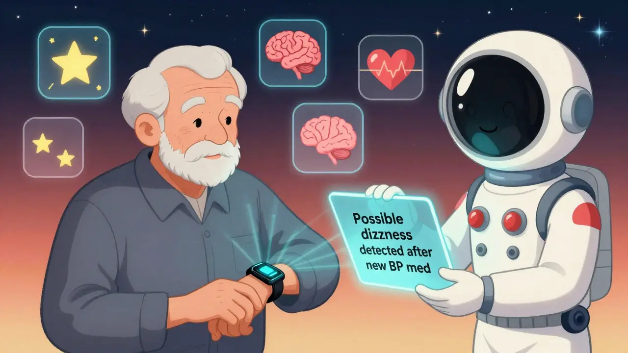 An elderly person receives a smartwatch alert for dizziness, with floating icons showing side effects and an AI assistant offering help.